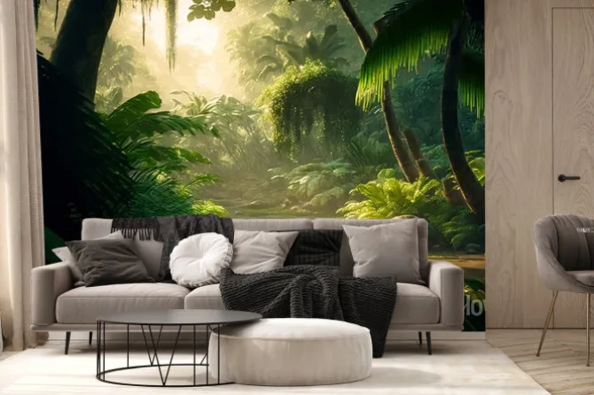 Fototapeta: A beautiful fairytale enchanted rainforest with sunbeams. enchanted