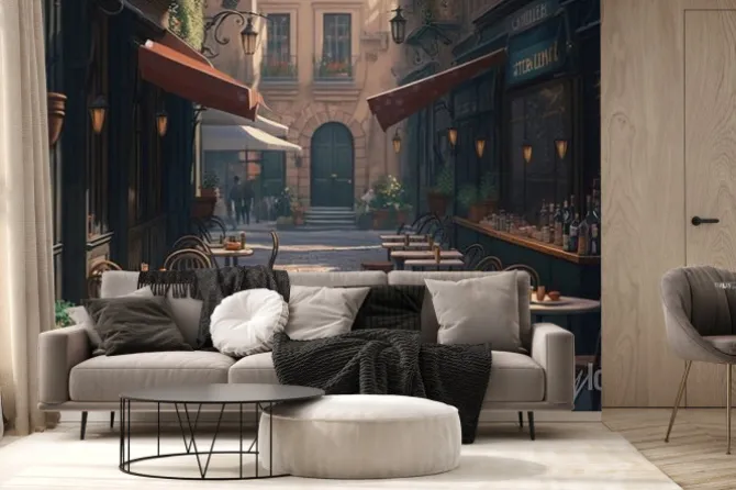 Fototapeta: A painting of a narrow street with tables and chairs and a building