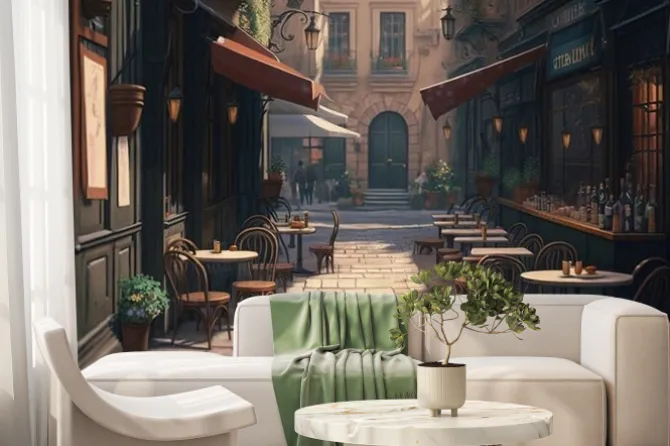 Fototapeta: A painting of a narrow street with tables and chairs and a building