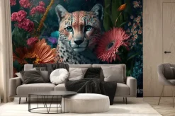 Fototapeta: A painting of a cheetah surrounded by flowers and plants, with