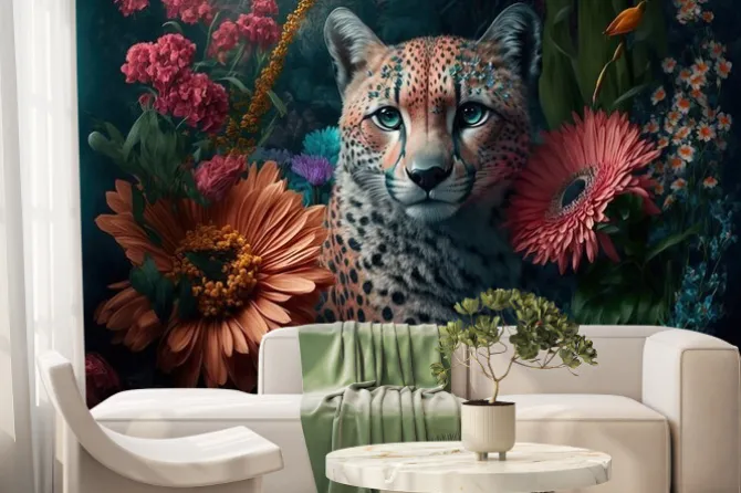 Fototapeta: A painting of a cheetah surrounded by flowers and plants, with