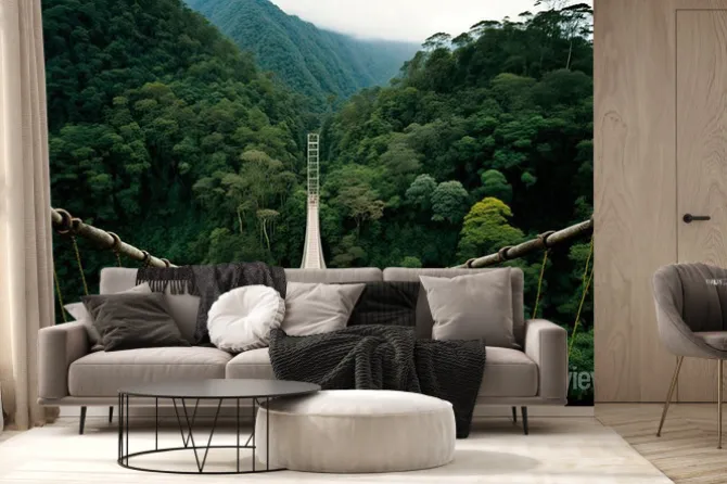 Fototapeta: A rope bridge over a river gorge in the jungle. made with generative