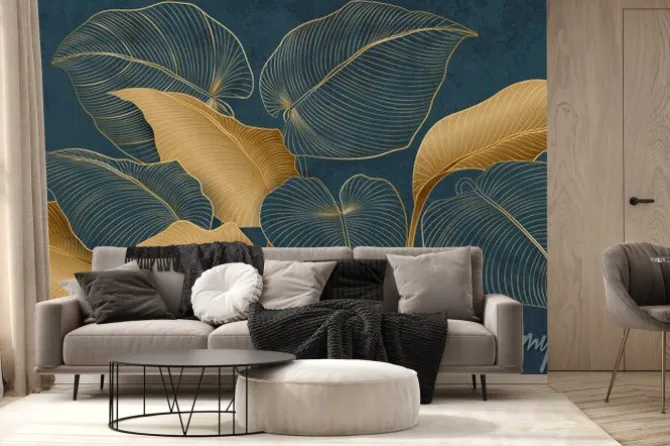 Fototapeta: Abstract art background with tropical leaves in gold line art