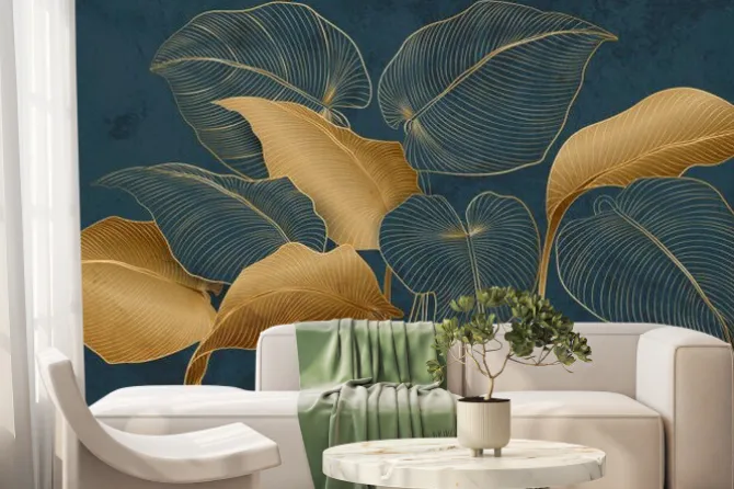 Fototapeta: Abstract art background with tropical leaves in gold line art