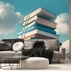 Fototapeta: Abstract book stack with ladder on sky with clouds background.