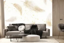 Fototapeta: Abstract white art background with feathers in golden line style.