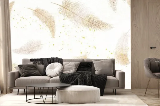 Fototapeta: Abstract white art background with feathers in golden line style.