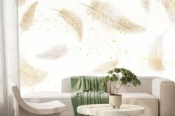 Fototapeta: Abstract white art background with feathers in golden line style.