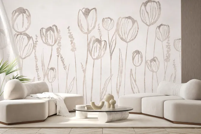 Fototapeta: Abstrakcja beżowej łąki z tulipanami