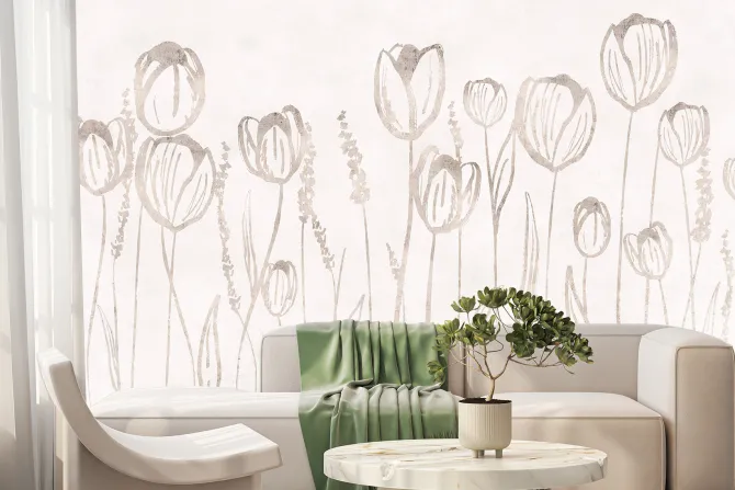 Fototapeta: Abstrakcja beżowej łąki z tulipanami