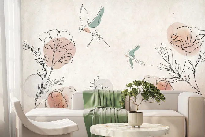 Fototapeta: Abstrakcyjna akwarela kwiatów i ptaków