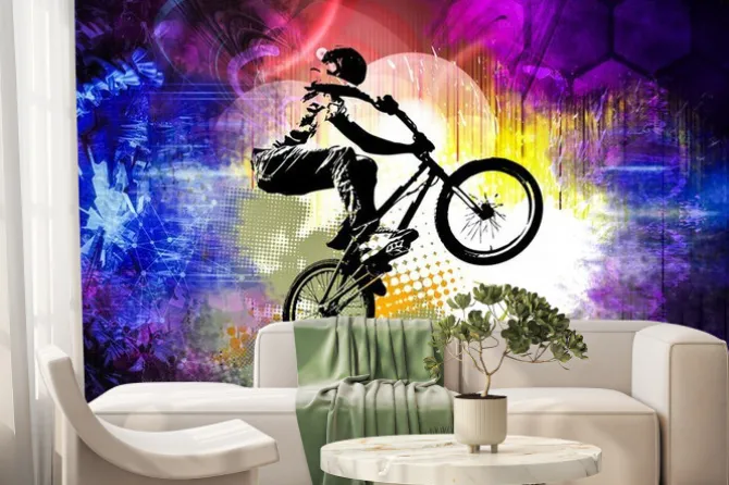 Fototapeta: Abstrakcyjna grafika z rowerzystą wykonującym ewolucję
