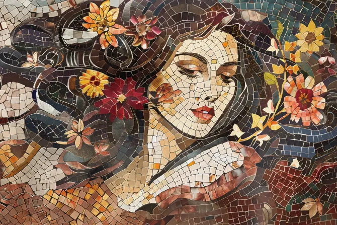 Fototapeta: Abstrakcyjna mozaika kobiecy portret z kwiatami