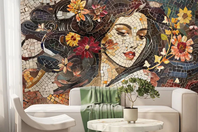 Fototapeta: Abstrakcyjna mozaika kobiecy portret z kwiatami