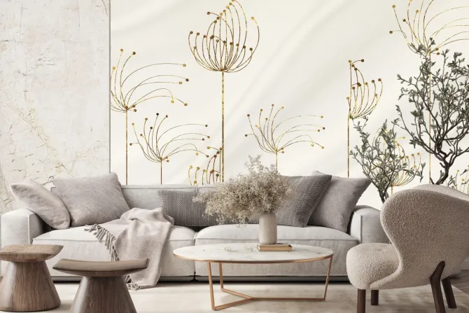 Fototapeta: Abstrakcyjne kwiaty dmuchawce w złotawych odcieniach na beżowym