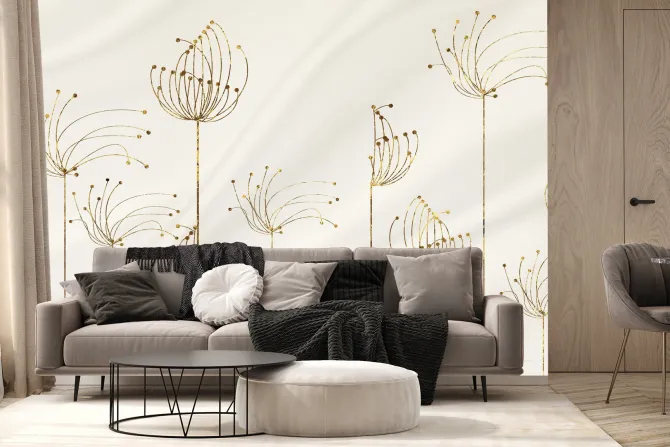 Fototapeta: Abstrakcyjne kwiaty dmuchawce w złotawych odcieniach na beżowym