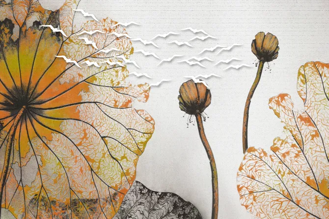 Fototapeta: Abstrakcyjne maki i sylwetki białych ptaków