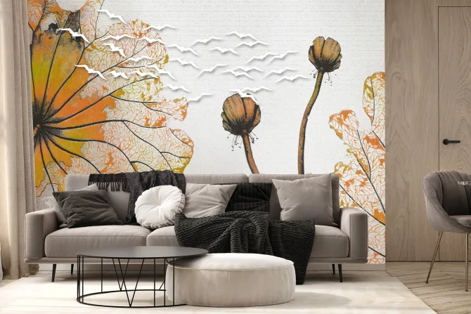 Fototapeta: Abstrakcyjne maki i sylwetki białych ptaków