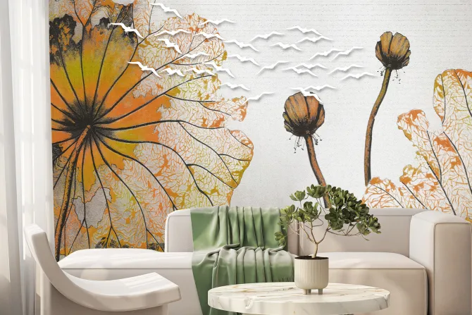 Fototapeta: Abstrakcyjne maki i sylwetki białych ptaków