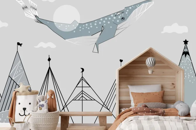 Fototapeta: Abstrakcyjny krajobraz z górami i wielorybem bajkowy wzór dziecięcy