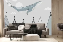 Fototapeta: Abstrakcyjny krajobraz z górami i wielorybem bajkowy wzór dziecięcy