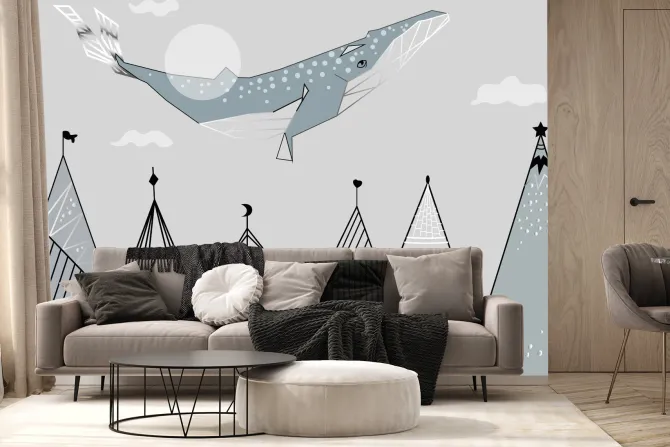 Fototapeta: Abstrakcyjny krajobraz z górami i wielorybem bajkowy wzór dziecięcy