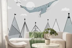 Fototapeta: Abstrakcyjny krajobraz z górami i wielorybem bajkowy wzór dziecięcy