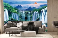 Fototapeta: Abstrakcyjny wodospad z górskim krajobrazem