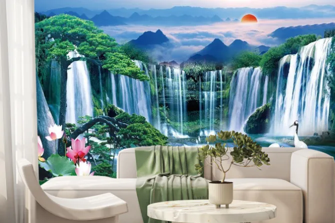 Fototapeta: Abstrakcyjny wodospad z górskim krajobrazem