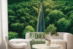 Fototapeta: Aerial top view of asphalt road through green forest, healthy