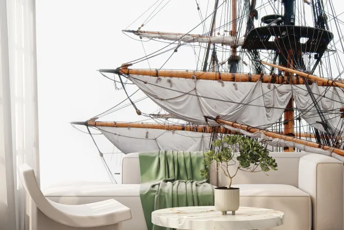 Fototapeta: Żagle dużego statku na białym tle