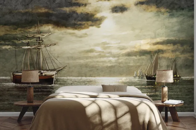 Fototapeta: Żaglowce na morzu z promieniami światła