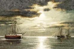 Fototapeta: Żaglowce na morzu z promieniami światła