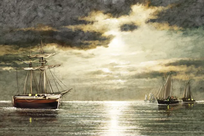 Fototapeta: Żaglowce na morzu z promieniami światła