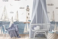 Fototapeta: Żaglowce pływające po morzu na tle latarni