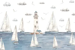 Fototapeta: Żaglowce pływające po morzu na tle latarni