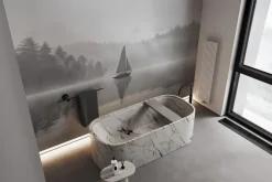 Fototapeta: Żaglówka na tle mglistego lasu w szarości