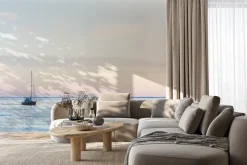 Fototapeta: Żaglówka pływająca na morzu przy zachodzie słońca