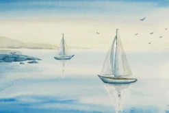 Fototapeta: Żaglówki na jeziorze wśród gór i ptaków