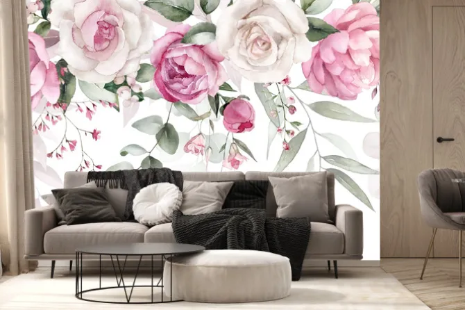 Fototapeta: Akwarela kwiatowa z zielonymi liśćmi i różowymi białymi kwiatami