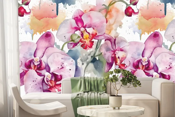 Fototapeta: Akwarela liści i kwiatów orchidei