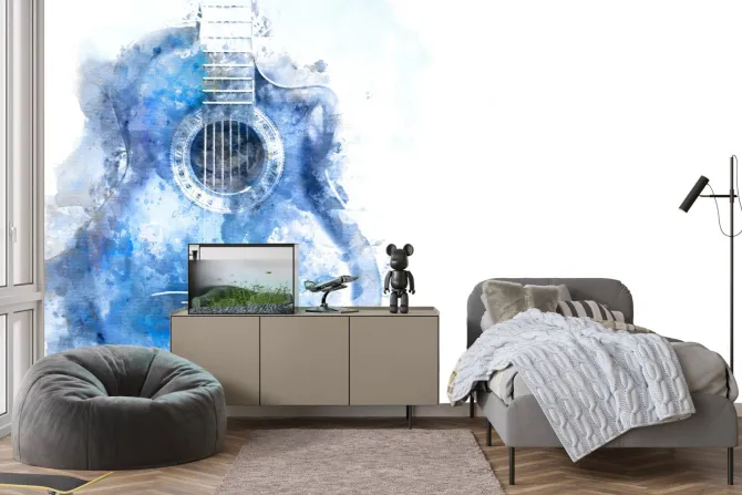 Fototapeta: Akwarela niebieskiej gitary na białym tle