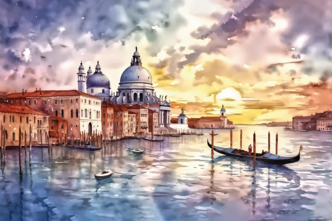 Fototapeta: Akwarela wenecji na tle zachodu słońca