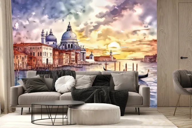 Fototapeta: Akwarela wenecji na tle zachodu słońca
