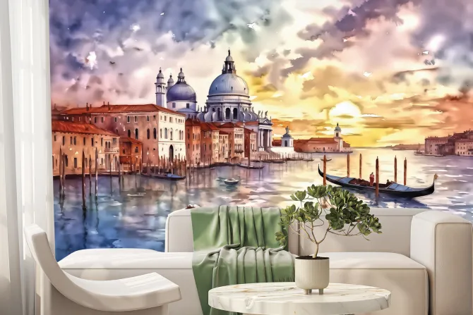Fototapeta: Akwarela wenecji na tle zachodu słońca