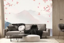 Fototapeta: Akwarela wzgórz z kwiatami wiśni