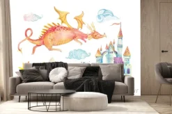 Fototapeta: Akwarela zbiór baśni z cute smoka, magicznym zamku, góry i chmury