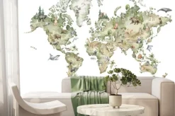 Fototapeta: Akwarelowa mapa świata ze zwierzątkami