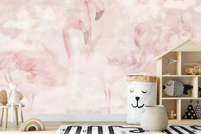 Fototapeta: Akwarelowe flamingi na tle pastelowych chmur