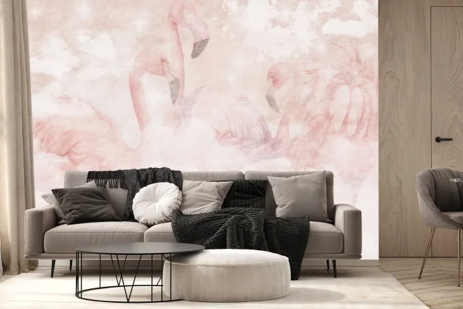 Fototapeta: Akwarelowe flamingi na tle pastelowych chmur